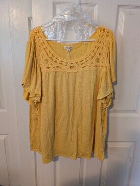 3x Max Studio - Boho Crochet Yoke Short Sleeve Top - Yellow JMSY08